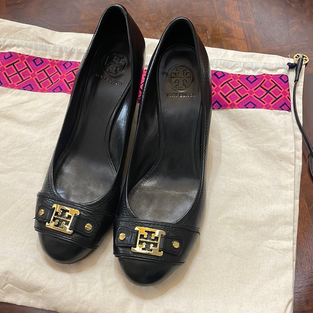 Tory Burch Black Wedge Shoes with Gold Hardware. Women's size 10.5 M.